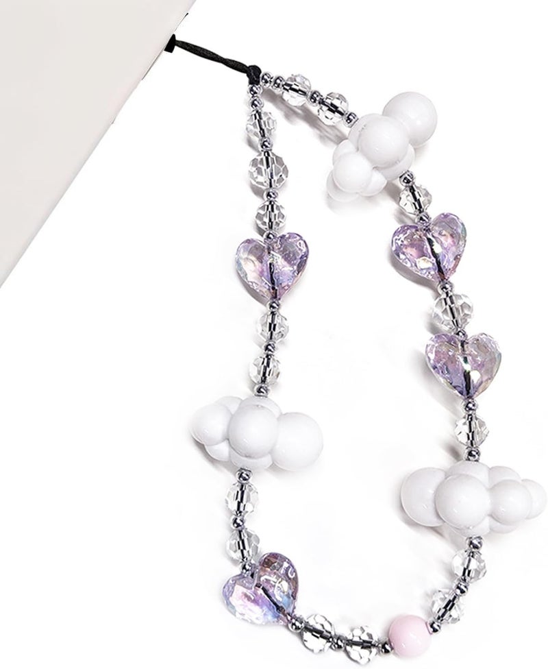 WCCH Beaded Phone Charm Y2K Kawaii Handmade Acrylic Phone Lanyard Wrist Strap for Camera Bag Airpods Keychain Charm Light Purple Heart and White Cloud - Image 1